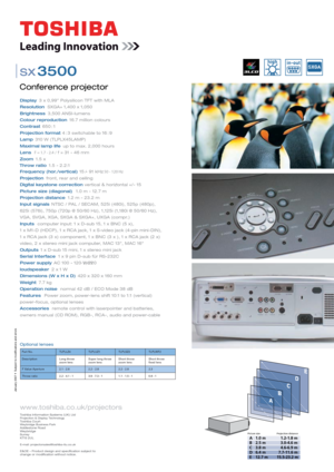 Page 2
January 2007 •  Subject to modifications and err
ors
Conference projector
sx3500
Display3 x 0,99” Polysilicon TFT with MLA
ResolutionSXGA+ 1,400 x 1,050
Brightness3,500 ANSI-lumens
Colour reproduction 16.7 million colours
Contrast650 :1
Projection format 4 : 3 switchable to 16 : 9
Lamp310 W (TLPLX45LAMP)
Maximal lamp life up to max. 2,000 hours
LensF = 1.7 - 2.4/f = 31 - 46 mm
Zoom1.5 x
Frequency (hor./vertical) 15 - 91 kHz/50 - 120 Hz
Projectionfront, rear and ceiling
Digital keystone correction...