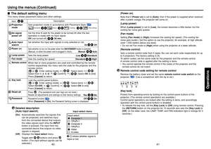 Page 2141
Operations
40
■The default setting menuThis menu shows placement status and other settings.
Sets projection mode in accordance with Placement Style.  
Set the time to wait for the power to be turned off after the last 
operation is made with no input signal.
Off  (not turned off)             30 min.
Set whether the input with signals is only selected or not.Sets whether to turn on the power when the  ON/STANDBY button is pressed 
(Manual), or when the power cord is plugged in (Auto)....