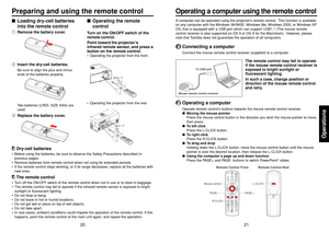 Page 1120
21
Operations
■Operating the remote
controlTurn on the ON/OFF switch of the
remote control.
Point toward the projector’s
infrared remote sensor, and press a
button on the remote control.•Operating the projector from the front
Approx. 15°Approx. 5m
•Operating the projector from the rear
Approx. 15°
Approx. 5m
■Loading dry-cell batteries
into the remote controlqRemove the battery cover.wInsert the dry-cell batteries.
Be sure to align the plus and minus
ends of the batteries properly.Two batteries (LR03,...