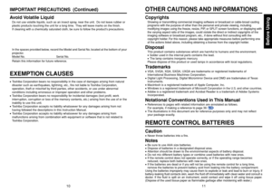 Page 6Before Using
1011
EXEMPTION CLAUSES•Toshiba Corporation bears no responsibility in the case of damages arising from natural
disaster such as earthquakes, lightning, etc., fire not liable to Toshiba Corporation,
operation, theft or mischief by third parties, other accidents, or use under abnormal
conditions including erroneous or improper operation and other problems.
•Toshiba Corporation bears no responsibility for incidental damages (lost profit, work
interruption, corruption or loss of the memory...