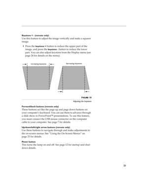 Page 2821
Keystone + - (remote only) 
2
	
#	
	
!:	
	

 	$
!





19
	

keystone +
		
	
!$
	

	
#
	


!

	

keystone -
		
	
!$
	
%

	
C
$

!:	
	
#
	
8

I

 ?
#
!	

	
J
FIGURE 18
Adjusting the keystone
Forward/back buttons (remote only) 

		
$	

	


!

!%
		



$	G
!
C
$

	
	
!...