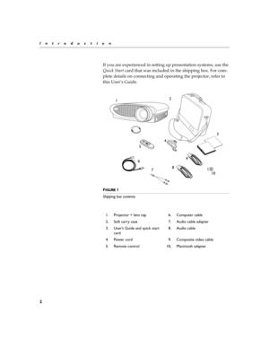 Page 92
Introduction
+#


*$!

		

		
	

	

	
	
$!
		
%
$!!

	

*

$
	
!	

$$	
!
	
	
:$	
#
	

	
2G
B!

FIGURE 1
Shipping box contents
1. Projector + lens cap 6. Computer cable
2. Soft carry case 7. Audio cable adapter
3. User’s Guide and quick start 
card8. Audio cable
4. Power cord 9. Composite video cable
5. Remote control  10, Macintosh adapter
data
video
key
stoneforward...
