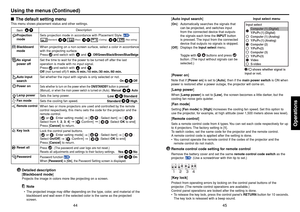 Page 2345
Operations
44
[A uto input search ][On ]: Automatically searches the signals that
can be projected, and switches input
from the connected device that outputs
the signals each time the  INPUT button
is pressed. The input from the connected
device that outputs no signals is skipped.
[ Off ]: Displays the  Input select menu.
T oggle with 
 
 buttons and press 
b utton. (The input without signals can be
selected.)
[ Po wer on ]Note that if [ Power on ] is set to [ Auto ], then if the  main power switch...