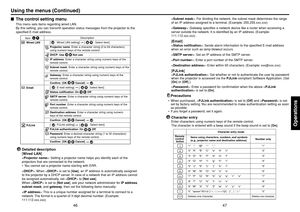 Page 2447
Operations
46
: For dividing the network, the subnet mask determines the range
of an IP address assigned to a terminal. (Example: 255.255.xxx.xxx)
< Gateway >: Gateway specifies a network device like a router when accessing a
server outside the network. It is identified by an IP address. (Example:
111.112.xxx.xxx)[ Email ]: Sends alarm information to the specified E-mail address
when an error such as lamp blowout occurs.
< SMTP server >: Set an IP address of the SMTP server.
< Po rt number >: Enter a...