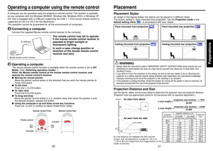 Page 1121
20
Preparations
Projection Distance and SizeUse the figures, tables, and formulas below to determine the projection size and projection distance.
(Projection sizes are approximate values for full-size picture with no keystone adjustment.)Placement StylesAs shown in the figures below, this device can be placed in 4 different styles.
The factory setting is “floor-mounted front projection.” Set the Projection mode in the
default setting menu 
p.33
, in accordance with your needs.
PlacementFloor-mounted...