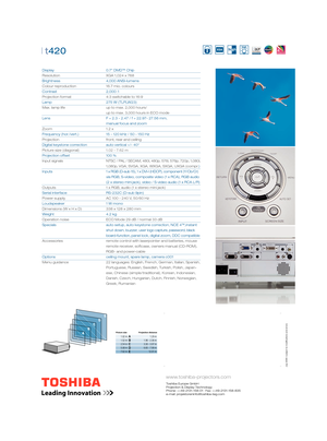 Page 2 cations and errors
Picture size Projection distance1.02 m
1.52 m
2.54 m
5.08 m
7.62 m1.29 m
1.96 - 2.36 m
3.30 - 3.97 m
6.65 - 7.99 m
12.01 m
www.toshiba-projectors.com
Toshiba Europe GmbH
Projection & Display Technology
Phone: ++49-2131-158-01 · Fax: ++49-2131-158-835
e-mail: projektoreninfo@toshiba-teg.com
| t420
Display     0.7” DMD™ Chip
Resolution       XGA 1,024 x 768
Brightness    4,000 ANSI-lumens
Colour reproduction    16.7 mio. colours
Contrast     2,000 : 1
Projection format       4:3...