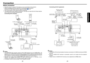 Page 12
2223
Preparations
Connection
Before connection
Read the owner’s manual of the device you are connecting to the projector.
Some computers cannot be used with or connected to this projector.
Check for an RGB output terminal, supported signal 
p.97, etc.
Turn off the power of both devices before connecting.
The  gures below show sample connections. This does not mean that all of these devices 
can or must be connected simultaneously.
Connecting with computers
 Notes
The MONITOR OUT terminal outputs analog...