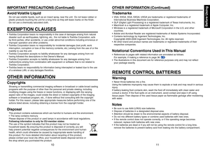 Page 6
10
11
Before Using

IMPORTANT PRECAUTIONS (Continued)
Avoid Volatile Liquid
Do not use volatile liquids, such as an insect spray, near the unit.  Do not leave rubber or 
plastic products touching the unit for a long time as they will leave marks on the finish.
Do not use a chemically saturated cloth.
EXEMPTION CLAUSES
Toshiba Corporation bears no responsibility in the case of damages arising from natural 
disaster such as earthquakes, lightning, etc., fire not liable to Toshiba Corporation, acts 
by...