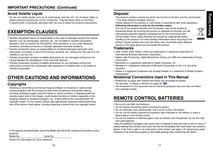 Page 6Before Using
1011
DisposalThis product contains substances which are harmful to humans and the environment.
•The lamp contains inorganic mercury.
Please dispose of this product or used lamps in accordance with local re\
gulations.
Following information is only for EU-member states:
The use of the symbol indicates that this product may not be treated as
household waste. By ensuring this product is disposed of correctly, you will
help prevent potential negative consequences for the environment and
human...