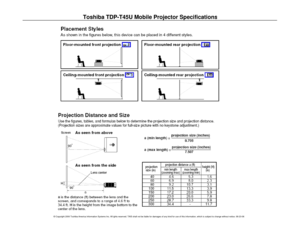 Page 2
Toshiba TDP-T45U Mobile Projector Specification
s
© Copyright 2006 Toshiba America Information Systems Inc. All ights r\
eserved. TAIS shall not be liable for damages of any kind for use of this information, which is subject to change without notice. \
08-23-06 