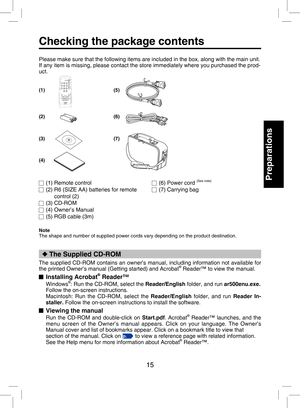 Page 14
15
Preparations
Separately sold product ................................................................................................41
List of supported signals (RGB signals)  .......................................................................42
List of supported signals (Y/PB/PR signals)  .................................................................43
List of supported signals (Video, S-Video signals)  .......................................................43
Pin assignment of COMPUTER IN &...