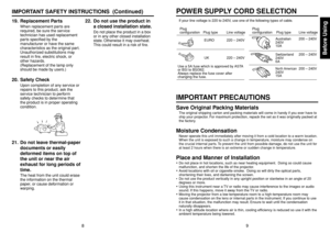 Page 5Before Using
89
If your line voltage is 220 to 240V, use one of the following types of cable.Plug
configurationPlug type
Australian
240V
10A
North American240V
15A Switzerland
240V
6A Line voltage
EURO
UK220 – 240V
220 – 240V200 – 240V
200 – 240V 200 – 240V
Plug
configurationPlug type Line voltage
Use a 5A fuse which is approved by ASTA 
or BSI to BSI362.
Always replace the fuse cover after 
changing the fuse.IMPORTANT PRECAUTIONSSave Original Packing MaterialsThe original shipping carton and packing...