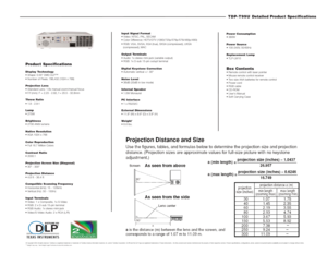 Page 2TDP-T99U Detailed Product Specifications Power Consumption
 380W
Power Source
 100-240V, 50/60Hz
Replacement Lamp
 TLP-LW10Box Contents Remote control with laser pointer
 Mouse remote control receiver
 Two size AAA batteries for remote control
 Power cord
 RGB cable
 CD-ROM
 Users Manual
 Soft Carrying Case Input Signal Format
 Video: NTSC, PAL, SECAM
 Color Difference: HDTV/DTV (1080i/720p/576p/576i/480p/480i)
 RGB: VGA, SVGA, XGA (true), SXGA (compressed), UXGA 
(compressed), MAC
Output...