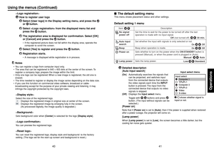 Page 2141
Operations
40
■The default setting menuThis menu shows placement status and other settings.Default setting 1 menu
Description
Item
Set the time to wait for the power to be turned off after the last 
operation is made with no input signal. 
Set whether the input with signals is only selected or not. 
Beep when operation is made.
Sets whether to turn on the power when the  ON/STANDBY button is 
pressed (Manual), or when the power cord is plugged in (Auto).  
Sets the lamp power....