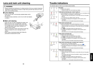 Page 2548
49
Others
The indicator lights to inform you of internal abnormalities.
No power
⇒Problem with projector
•Unplug the power cord, and contact your dealer.Lamp went out during use, or won’t come on⇒Lamp temperature is high so that it is difficult to turn on, the lifetime of the
lamp has ended or the projector is malfunctioning.
•Unplug the power cord and wait for a short while, then turn the power
back on.
•If a lamp burns out, replace it with a new one.
❈The abnormal display will not disappear until...