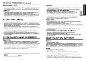 Page 6Before Using
1011
Avoid Volatile LiquidDo not use volatile liquids, such as an insect spray, near the unit.  Do not leave rubber or
plastic products touching the unit for a long time.  They will leave marks on the finish.
If cleaning with a chemically saturated cloth, be sure to follow the products precautions.LCD Panel• If the air filter is stained and is clogged up, the main unit inner temperature rises. As a
result, the life of the LCD is shortened and a malfunction may also occur.
Clean the air...