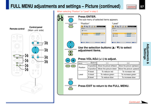 Page 5757
CONTENTS
Adjustments &
Settings
MENUON/STANDBY INPUT
L-CLICK R-CLICK
ENTERKEYSTONE
AUTO
SET
EXIT
PIPFREEZEMUTE CALL
RESIZE
VOLUME/ADJUST
TEMP
LAMP ON
BUSY FANKEYSTONESET AUTO AUTO
EXIT ENTER
MENUINPUTVOL/ADJ.
3-b
3-b3-b
3-b
3-b3-b
3-b3-b
TEMPLAMP ONBUSYFA NON/STANDBY
KEYSTONESET AUTO AUTOEXIT ENTERMENUINPUT
VOL/ADJ.ON/STANDBY
LASER
FULL MENU adjustments and settings Ð Picture (continued)
3-b
ENTERENTER
When selecting ÒPositionÓ or ÒLevelÓ in step 2.
EXITEXIT
Press ENTER.The sub-menu of selected items...