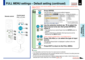 Page 6868
CONTENTS
Adjustments &
Settings
LASER
4-a 4-a 4-a 4-a
4-a 4-a 4-a
4-a
MENUON/STANDBY INPUT
L-CLICK R-CLICK
ENTERKEYSTONE
AUTO
SET
EXIT
PIPFREEZEMUTE CALL
RESIZE
VOLUME/ADJUST
TEMP
LAMP ON
BUSY FANKEYSTONESET AUTO AUTO
EXIT ENTER
MENUINPUTVOL/ADJ.TEMPLAMP ONBUSYFA NON/STANDBY
KEYSTONESET AUTO AUTOEXIT ENTERMENUINPUT
VOL/ADJ.ON/STANDBY
Digital RGB
Default setting
COMPUTER-1
COMPUTER-2VideoMemory cardCameraS-video
Analog RGB(
1)
Y/PB/PR
Analog RGB(
2)
Digital RGB
Input source setting
MENU
EXIT
Change...