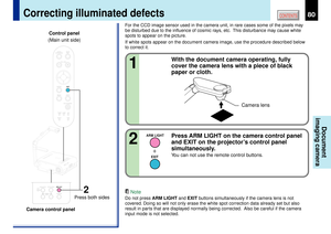 Page 8080
CONTENTS
Document
imaging camera
With the document camera operating, fully
cover the camera lens with a piece of black
paper or cloth.
1
Correcting illuminated defects
Note
Do not press ARM LIGHT and EXIT buttons simultaneously if the camera lens is not
covered. Doing so will not only erase the white spot correction data already set but also
result in parts that are displayed normally being corrected.  Also be careful if the camera
input mode is not selected.
ARM LIGHT
EXIT
TEMPLAMP ONBUSY...