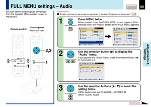 Page 6060
CONTENTS
Adjustments &
Settings
1
12,3
3 2
MENUON/STANDBY INPUT
L-CLICK R-CLICK
ENTERKEYSTONE
AUTO
SET
EXIT
PIPFREEZEMUTE CALL
RESIZE
VOLUME/ADJUST
TEMP
LAMP ON
BUSY FANKEYSTONESET AUTO AUTO
EXIT ENTER
MENUINPUTVOL/ADJ.TEMPLAMP ONBUSYFA NON/STANDBY
KEYSTONESET AUTO AUTOEXIT ENTERMENUINPUT
VOL/ADJ.ON/STANDBY
LASER
Preparation1
Project a picture on the screen as explained in the step ÒProjection on the screenÓ. 
28
Video
Contrast
Brightness
Color
Tint
Sharpness
Video mode
Screen size
Level
+6
0
0
0
0
[...