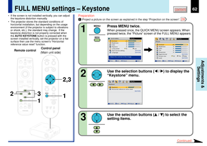 Page 6262
CONTENTS
Adjustments &
Settings
1
12,3
3 2
MENUON/STANDBY INPUT
L-CLICK R-CLICK
ENTERKEYSTONE
AUTO
SET
EXIT
PIPFREEZEMUTE CALL
RESIZE
VOLUME/ADJUST
TEMP
LAMP ON
BUSY FANKEYSTONESET AUTO AUTO
EXIT ENTER
MENUINPUTVOL/ADJ.TEMPLAMP
ONBUSYFANON/STANDBY
KEYSTONESET AUTO
AUTOEXIT ENTERMENUINPUT
VOL/ADJ.ON/STANDBY
LASER
Preparation1
Project a picture on the screen as explained in the step ÒProjection on the screenÓ. 
28
Y/PB/PR
Contrast
Brightness
Color
Tint
Sharpness
Signal format
Screen size
Level
+6
0
0
0...