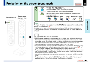 Page 2929
Operations
CONTENTS
Projection on the screen (continued)
Select the input source.Press the INPUT button repeatedly to select it.
The icon of the input source selected appears.(You can select ÒCameraÓ when using the model with a document
imaging camera.)
3
Continued
MENUON/STANDBY INPUT
L-CLICK R-CLICK
ENTERKEYSTONE
AUTO
SET
EXIT
PIPFREEZEMUTE CALL
RESIZE
VOLUME/ADJUST
3
LASER
TEMP
LAMP ON
BUSY FANKEYSTONESET AUTO AUTO
EXIT ENTER
MENUINPUTVOL/ADJ.
3
TEMPLAMP ONBUSY FANON/STANDBY
KEYSTONESET AUTO...