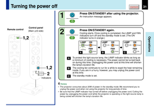 Page 3131
Operations
CONTENTS
Turning the power off
Press ON/STANDBY after using the projector.An instruction message appears.Press ON/STANDBY again.Cooling starts. Once cooling is completed, the LAMP and FAN
indicators turn off and the standby mode is set. (The ON
indicator turns in orange.)
To protect the light source lamp, the LAMP indicator blinks as long as
a minimum of cooling is necessary. The power cannot be turned back
on during this time. Unplugging the power cord at this time will shorten
the lampÕs...