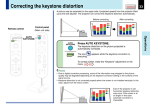 Page 3333
Operations
CONTENTS
Correcting the keystone distortion
A picture may be expanded on the upper side if projected upward from the projector lifted
up by the foot adjuster. The projector can correct this keystone distortion automatically.
MENUON/STANDBY INPUT
L-CLICK R-CLICK
ENTERKEYSTONE
AUTO
SET
EXIT
PIPFREEZEMUTE CALL
RESIZE
VOLUME/ADJUST
TEMP
LAMP ON
BUSY FANKEYSTONESET AUTO AUTO
KEYSTONEAUTO
EXIT ENTER
MENUINPUTVOL/ADJ.TEMPLAMP ONBUSY FANON/STANDBY
KEYSTONESET AUTO AUTOEXIT ENTERMENUINPUT...