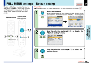 Page 6767
CONTENTS
Adjustments &
Settings
1
12,3
3 2
MENUON/STANDBY INPUT
L-CLICK R-CLICK
ENTERKEYSTONE
AUTO
SET
EXIT
PIPFREEZEMUTE CALL
RESIZE
VOLUME/ADJUST
TEMP
LAMP ON
BUSY FANKEYSTONESET AUTO AUTO
EXIT ENTER
MENUINPUTVOL/ADJ.TEMPLAMP ONBUSY FANON/STANDBY
KEYSTONESET AUTO AUTOEXIT ENTERMENUINPUT
VOL/ADJ.ON/STANDBY
LASER
Preparation1
Project a picture on the screen as explained in the step ÒProjection on the screenÓ. 
28
Digital RGB
Picture
Contrast
BrightnessPositionPicture mode
Screen sizeLevel
+6
0
[...