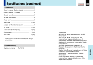 Page 100100
Others
CONTENTS
AccessoriesOwnerÕs manual (Getting started) ........................... 1
OwnerÕs manual (CD-ROM) .................................... 1
Remote control ........................................................ 1
R6 (AA) size battery ................................................ 2
Power cord .............................................................. 1
RGB cable ...................................................... 1 (3m)
Adapter for Macintosh computers...