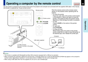 Page 3939
Operations
CONTENTS
Operating a computer by the remote control
Notes
¥ This function is available with Windows98 and Mac OS9 computers equipped with a USB port as standard.
¥ When connecting the computerÕs USB port for the first time, a message asking you to insert the Windows98 CD-ROM may appear on the computerÕs
monitor screen, depending on whether or not the device driver is installed. If so, do as the message says.
¥ When using a USB cable other than the supplied one, be sure to use a shielded...