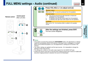 Page 6161
CONTENTS
Adjustments &
Settings
MENUON/STANDBY INPUT
L-CLICK R-CLICK
ENTERKEYSTONE
AUTO
SET
EXIT
PIPFREEZEMUTE CALL
RESIZE
VOLUME/ADJUST
TEMP
LAMP ON
BUSY FANKEYSTONESET AUTO AUTO
EXIT ENTER
MENUINPUTVOL/ADJ.
5
5 44
TEMPLAMP ONBUSY FANON/STANDBY
KEYSTONESET AUTO AUTOEXIT ENTERMENUINPUT
VOL/ADJ.ON/STANDBY
LASER
After the settings are finished, press EXIT.The menu screen disappears.
EXITEXIT
5
Press VOL/ADJ (+/
-) to adjust and set.
4Notes
¥ If the power is turned off by pressing the ON/STANDBY button,...