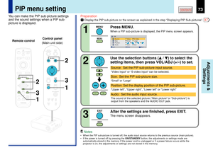 Page 7373
CONTENTS
Adjustments &
Settings
LASER
1
3
13
22
MENUON/STANDBY INPUT
L-CLICK R-CLICK
ENTERKEYSTONE
AUTO
SET
EXIT
PIPFREEZEMUTE CALL
RESIZE
VOLUME/ADJUST
TEMP
LAMP ON
BUSY FANKEYSTONESET AUTO AUTO
EXIT ENTER
MENUINPUTVOL/ADJ.TEMPLAMP
ONBUSY FANON/STANDBY
KEYSTONESET AUTO
AUTOEXIT ENTERMENUINPUT
VOL/ADJ.ON/STANDBY
Preparation1
Display the PIP sub-picture on the screen as explained in the step ÒDisplaying PIP Sub-picturesÓ. 
37
PIPSource
Size
Position
Audio
Main SubSmall
Large
Video S-Video
EXITQuit...