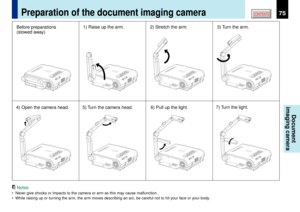 Page 7575
CONTENTS
Document
imaging camera
Notes
¥ Never give shocks or impacts to the camera or arm as this may cause malfunction.
¥ While raising up or turning the arm, the arm moves describing an arc, be careful not to hit your face or your body.
Preparation of the document imaging camera
TEMPLAMP
ONBUSY
FANON/STANDBY
KEYSTONESET AUTO
AUTOEXIT ENTERMENUINPUT
VOL/ADJ.
TEMPLAMP
ONBUSYFANON/STANDBY
KEYSTONESET AUTO
AUTOEXIT ENTERMENUINPUT
VOL/ADJ.
STORE
CAMERAARM LIGHTLOCKW.BALANCEGAIN
FOCUS
TEMPLAMP
ONBUSY...