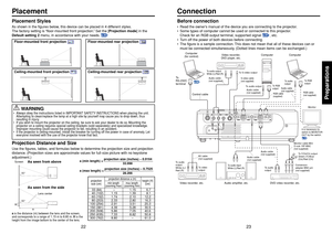 Page 1223
22
Preparations
p.59
Video recorder,
D VD player, etc.
To  audio output
White (L)/Red (R)
S-video cable
(not supplied)
To S-video output
Before connection•Read the owner’s manual of the device you are connecting to the projector.
• Some types of computer cannot be used or connected to this projector.
Check for an RGB output terminal, supported signal 
p.57
, etc.
•T urn off the power of both devices before connecting.
• The figure is a sample connection. This does not mean that all of these devices...