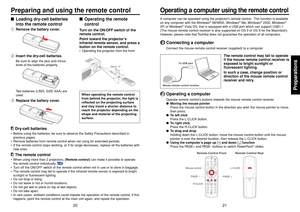 Page 1121
20
Preparations
Operating a computer using the remote control
The remote control may fail to operate
if the mouse remote control receiver is
exposed to bright sunlight or
fluorescent lighting.
In such a case, change position or
direction of the mouse remote control
receiver and retry.
Mouse control
Remote Control Front Remote Control Rear
PAGE –PAGE +
R-CLICK L-CLICK
■
Operating the remote
controlTurn on the ON/OFF switch of the
remote control.
Point toward the projector’s
infrared remote sensor, and...