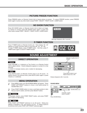 Page 2323
BASIC OPERATION
Press FREEZE button on Remote Control Unit to freeze picture on-screen.  To cancel FREEZE function, press FREEZE
button again or press any other button except POINT / SELECT / RIGHT CLICK / LASER button.
Press NO SHOW button on Remote Control Unit to black out image.
To restore to normal, press NO SHOW button again or press any
other button except POINT / SELECT / RIGHT CLICK / LASER button.
NO SHOW FUNCTION
PICTURE FREEZE FUNCTION
Message disappears after 4 seconds.
No show
Press...