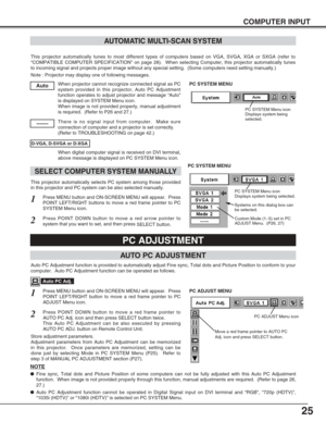 Page 2525
COMPUTER INPUT
This projector automatically tunes to most different types of computers based on VGA, SVGA, XGA or SXGA (refer to
“COMPATIBLE COMPUTER SPECIFICATION” on page 28).  When selecting Computer, this projector automatically tunes
to incoming signal and projects proper image without any special setting.  (Some computers need setting manually.)
Note : Projector may display one of following messages.
When projector cannot recognize connected signal as PC
system provided in this projector, Auto...