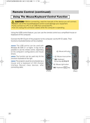 Page 22STANDBY/ONVIDEOLASER INDICATOR
ESC MENUPOSITIONRESET AUTO
KEYSTONE1  2  3
ID CHANGESEARCH
ON
OFFFREEZE MUTEMAGNFYPinPVOLUME
RGB
BLANK
PREVIOUSNEXT ASPECTMOUSE
LASERLENS SHIFT+
–––++FOCUS ZOOM
22
Remote Control (continued) Remote Control (continued)
Using The Mouse/Keyboard Control Function
CAUTION• Before connecting, read the manuals of the device you will connect.
Mistaken use of the mouse/keyboard control could damage your equipment.
• Only connect to a PC or an USB Hub connected PC.
• Do not unplug...