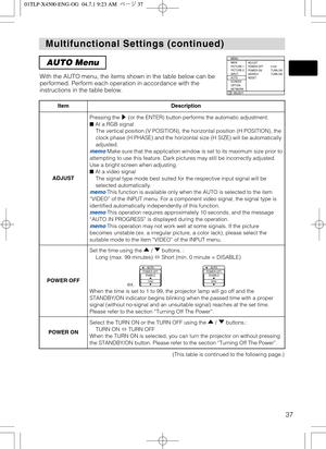 Page 3737
Multifunctional Settings (continued) Multifunctional Settings (continued)
AUTO Menu
With the AUTO menu, the items shown in the table below can be
performed. Perform each operation in accordance with the
instructions in the table below.
ItemDescription
ADJUST
Pressing the  (or the ENTER) button performs the automatic adjustment. 
At a RGB signal
The vertical position (V POSITION), the horizontal position (H POSITION), the
clock phase (H PHASE) and the horizontal size (H SIZE) will be automatically...