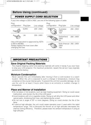 Page 77
Before Using (continued) Before Using (continued)
POWER SUPPLY CORD SELECTION
If your line voltage is 220 to 240V, use one of the following types of cable.
Plug
configuration
Plug type
Line voltage
EURO
UK220 - 240V
220 - 240V
Use a 5A fuse which is approved by ASTA
or BSI to BSI362.
Always replace the fuse cover after
changing the fuse.Australian
240V
10A
Switzerland
240V
6A200 - 240V
North American240V
15A
IMPORTANT PRECAUTIONS
Save Original Packing Materials
The original shipping carton and packing...