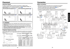 Page 1223
22
Preparations
p.59
Video recorder,
DVD player, etc.
To audio output
White (L)/Red (R)
S-video cable
(not supplied)
To S-video output
Before connection•Read the owner’s manual of the device you are connecting to the projector.
•Some types of computer cannot be used or connected to this projector.
Check for an RGB output terminal, supported signal 
p.57
, etc.
•Turn off the power of both devices before connecting.
•The figure is a sample connection. This does not mean that all of these devices can or...