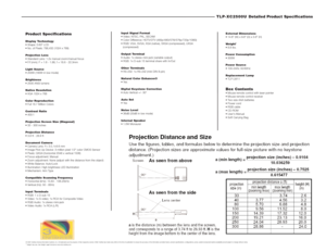 Page 2TLP-XC2500U Detailed Product Specifications 
External Dimensions 

Weight
1

Power Consumption

Power Source

Replacement Lamp
Box Contents






 Input Signal Format



(compressed)
Output Terminal


Other Terminals

Natural Color Enhancer3

Digital Keystone Correction

Auto Set

Noise Level

Internal Speaker

Product SpecificationsDisplay Technology


Projection Lens


Light Source

Brightness

Native Resolution

Color Reproduction

Contrast Ratio

Projection Screen Size (Diagonal)

Projection...