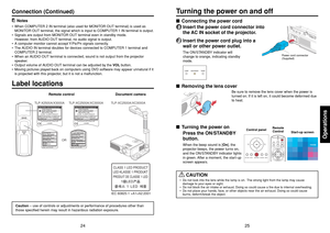 Page 13
25
Operations
24
Turning the power on and offOperations
■ Connecting the power cord1
Insert the power cord connector into
the AC IN socket of the projector.
2
Insert the power cord plug into a
wall or other power outlet.The ON/STANDBY indicator will
change to orange, indicating standby
mode.
■Removing the lens cover
Be sure to remove the lens cover when the power is
turned on. If it is left on, it could become deformed due
to heat.
■Turning the power on
Press the ON/STANDBY
button.
When the beep sound...