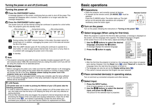 Page 1427
Operations
26
INPUT R-CLICK PJ MODE LASERVO L.
+
VOL.-
MENU / ENTER
Preparations•Place the projector, and correctly connect all devices.
•To operate via the remote control, [PJ MODE] 
p.20
 must be
selected.
Press the PJ MODE button. The button lights up. This light
will go out 30 seconds after operations are complete. If
necessary, press the button again.
1
Turn on the power.Turn on the power, following the instructions in “Turning on the power” 
p.25
.
2
 Select language (When using for first...