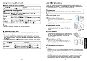 Page 2957 56
Maintenance
The air filter prevents dust and debris from getting inside the projector. Never run the
projector with the filter removed. It is recommended that the air filter is cleaned regularly.
(A recommended measure is about once for every 50 hours of use.)
CAUTION
•Request cleaning and maintenance of a ceiling-mounted unit from your projector
dealership.1
Unplug power cord.
2
Remove the air filter cover.Of the upper connection terminal cover is on, remove that
first.
Remove the air filter cover...