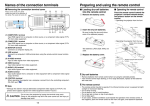 Page 1019
18
Preparations
 Removing the connection terminal coverPress on the circle (“O”) while
sliding the cover in the direction of
the arrow. The cover will come off.
USB
COMPUTER
(
Y, PB/PR )S-VIDEO VIDEO
VIDEOR - AUDIO - LAUDIOMONITORCONTROL
12
USB
COMPUTER(
Y/PB/PR )
S-VIDEO VIDEO
VIDEO
R - AUDIO - L
AUDIOMONITORCONTROL
12
(1)
(8) (7) (9) (6)(2) (3) (4)
(5)
(1) COMPUTER 2 terminal
Input RGB signal from a computer or other source, or a component video signal (Y/P
B/
P
R) from video equipment.
(2)...