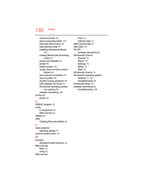Page 130130Index
external monitor
 96
good computing habits
 102
hard disk drive is slow
 98
high-pitched noise
 99
installing hardware/software
 
105
missing files/trouble accessing 
a drive
 97
power and batteries
 94
printer
 99
restore points
 103
screen does not look correct/
flickers
 96
slow Internet connection
 92
sound system
 99
trouble running programs
 99
URL address not found
 93
Windows® operating system 
not working
 90
wireless networking
 100
turning on
power
 38
U
USB/AC adaptor 36
using
a...