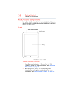 Page 3232Getting Started
Features and components
Features and components
For further details on each of the items listed in the following 
section, be sure to follow the provided references to sections 
later in this document.
Front
        
(Sample Illustration) Front view
❖Web Camera indicator*—Glows when the Web 
Camera is active. For more information, see “Using the 
Web Camera” on page 82.
❖
Web Camera*—Allows you to take still photos 
(includes flash settings) or record videos. For more 
information, see...