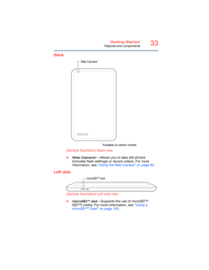 Page 3333Getting Started
Features and components
Back
       
(Sample Illustration) Back view
❖Web Camera*—Allows you to take still photos 
(includes flash settings) or record videos. For more 
information, see “Using the Web Camera” on page 82.
Left side
        
(Sample Illustration) Left side view
❖microSD™ slot—Supports the use of microSD™ 
(SD™) media. For more information, see “Using a 
microSD™ Card” on page 105.
We b  C a m e r a *
*Available on certain models
microSD™ slot 